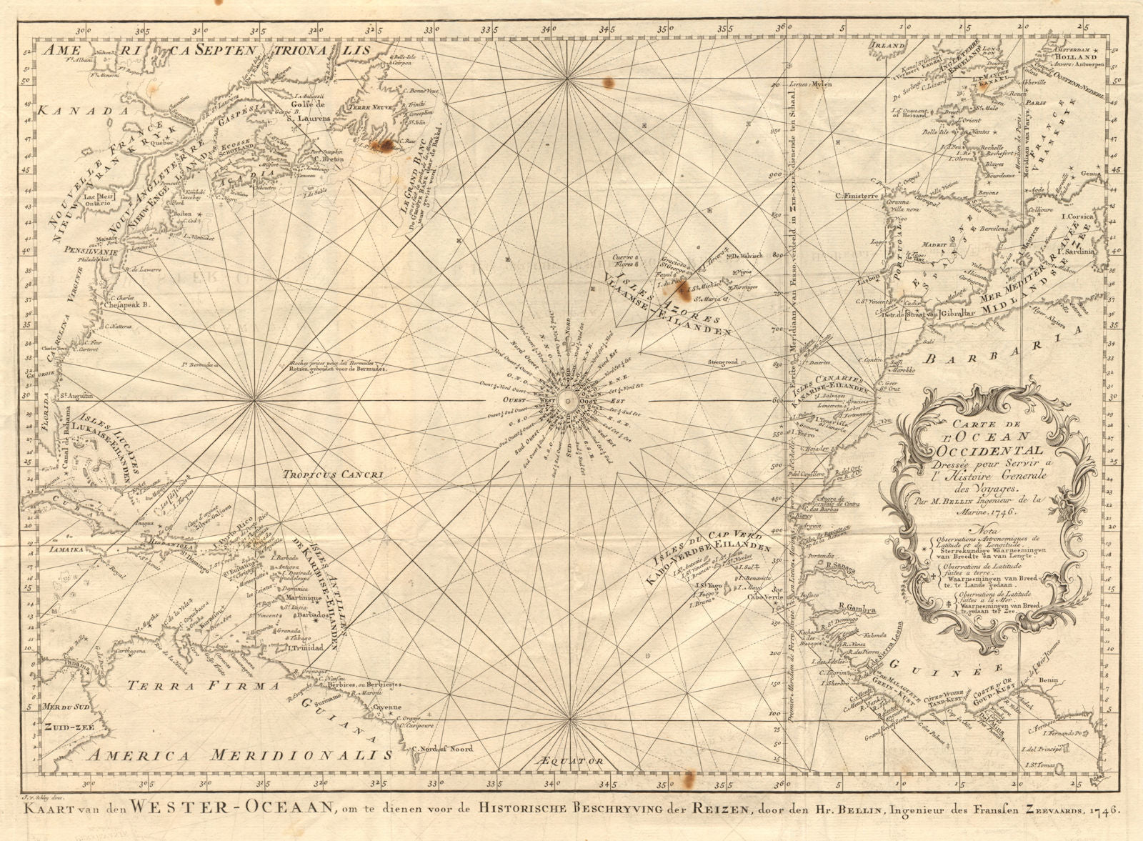'Carte de l’Ocean Occidental'. North Atlantic Ocean. BELLIN/SCHLEY 1747 map